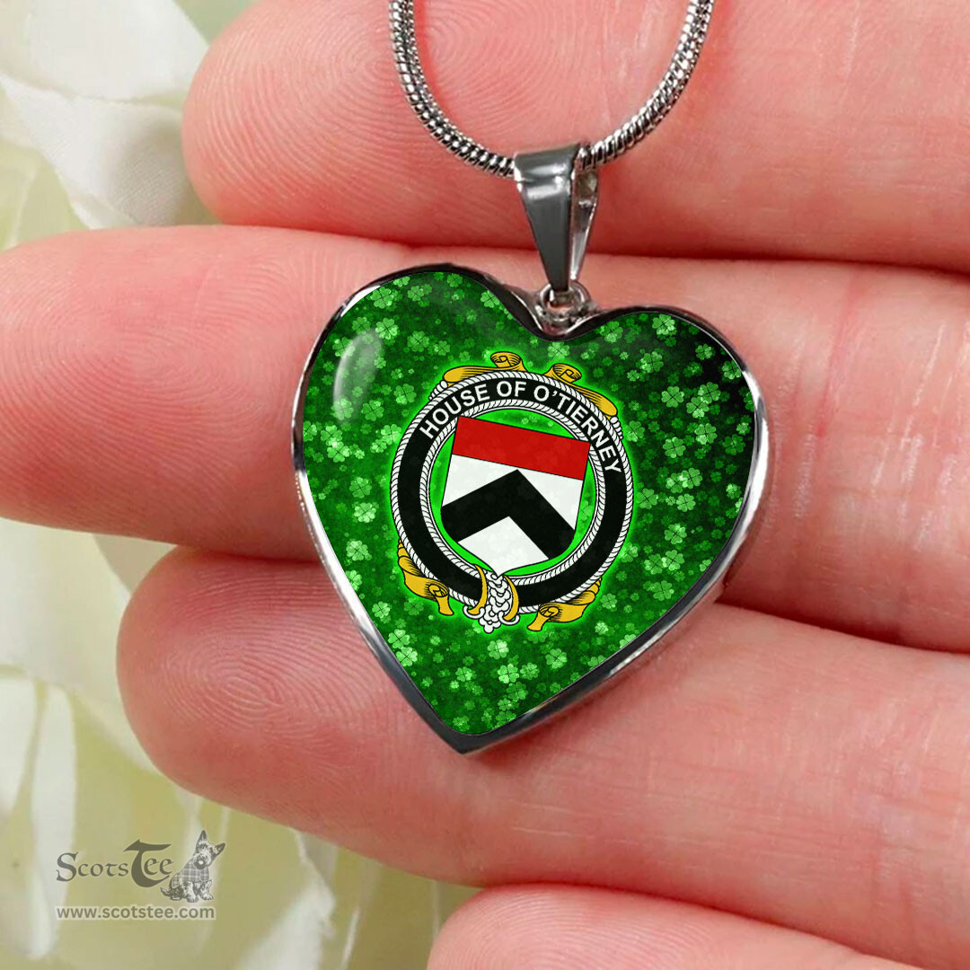 ScotsTee Shop Irish House of O TIERNEY Coat of Arms Crest Ireland Shamrock Heart Necklace