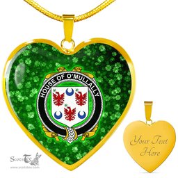 ScotsTee Shop Irish House of O MULLALLY Coat of Arms Crest Ireland Shamrock Heart Necklace