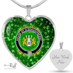 ScotsTee Shop Irish House of O SHAUGNESSY Coat of Arms Crest Ireland Shamrock Heart Necklace