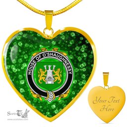ScotsTee Shop Irish House of O SHAUGNESSY Coat of Arms Crest Ireland Shamrock Heart Necklace