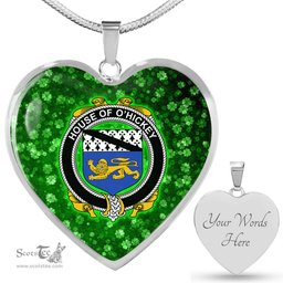 ScotsTee Shop Irish House of O HICKEY Coat of Arms Crest Ireland Shamrock Heart Necklace