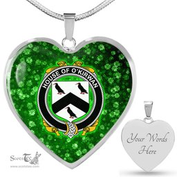 ScotsTee Shop Irish House of O KIRWAN Coat of Arms Crest Ireland Shamrock Heart Necklace