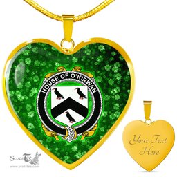 ScotsTee Shop Irish House of O KIRWAN Coat of Arms Crest Ireland Shamrock Heart Necklace