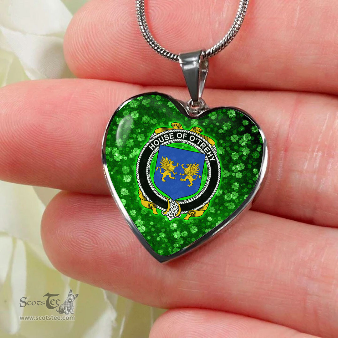 ScotsTee Shop Irish House of O TREHY Troy Coat of Arms Crest Ireland Shamrock Heart Necklace