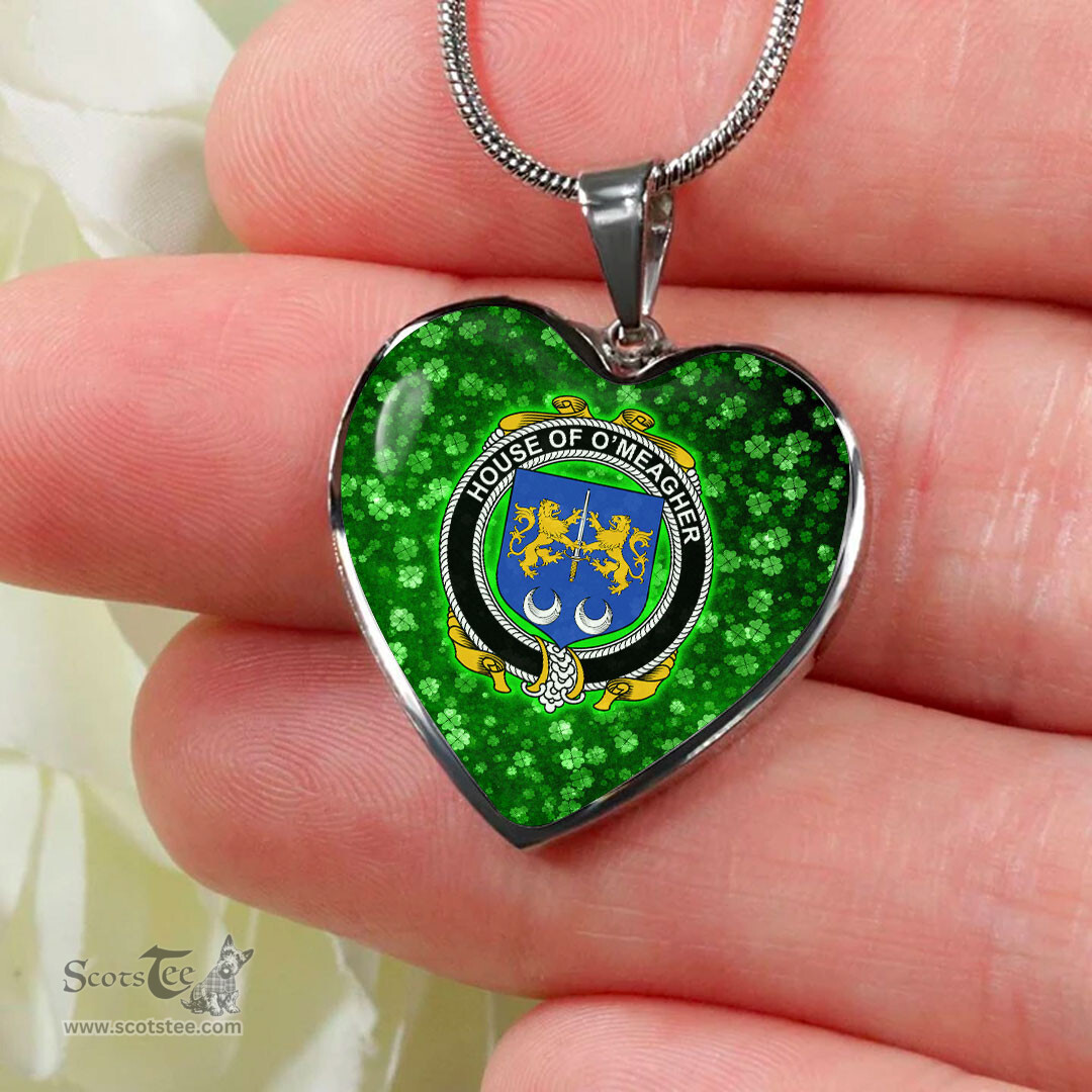 ScotsTee Shop Irish House of O MEAGHER Coat of Arms Crest Ireland Shamrock Heart Necklace