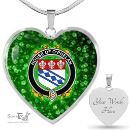 ScotsTee Shop Irish House of O PHELAN Coat of Arms Crest Ireland Shamrock Heart Necklace