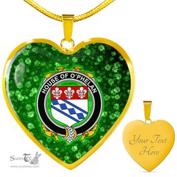 ScotsTee Shop Irish House of O PHELAN Coat of Arms Crest Ireland Shamrock Heart Necklace