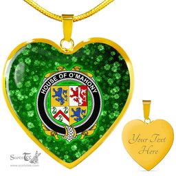 ScotsTee Shop Irish House of O MAHONY Coat of Arms Crest Ireland Shamrock Heart Necklace