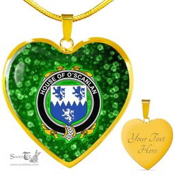 ScotsTee Shop Irish House of O SCANLAN Munster Coat of Arms Crest Ireland Shamrock Heart Necklace