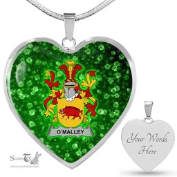 ScotsTee Shop Irish Malley or O Malley Coat of Arms Crest Ireland Shamrock Heart Necklace