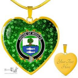 ScotsTee Shop Irish House of WOULFE Coat of Arms Crest Ireland Shamrock Heart Necklace