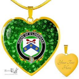 ScotsTee Shop Irish House of O LONERGAN Coat of Arms Crest Ireland Shamrock Heart Necklace