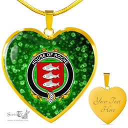 ScotsTee Shop Irish House of ROCHE Coat of Arms Crest Ireland Shamrock Heart Necklace