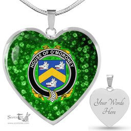 ScotsTee Shop Irish House of O MORONEY Coat of Arms Crest Ireland Shamrock Heart Necklace