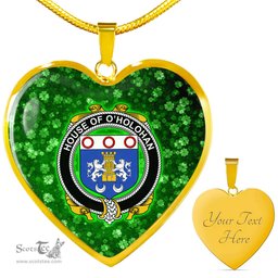 ScotsTee Shop Irish House of O HOLOHAN Coat of Arms Crest Ireland Shamrock Heart Necklace