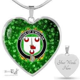 ScotsTee Shop Irish House of O MULLAN Coat of Arms Crest Ireland Shamrock Heart Necklace