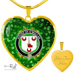 ScotsTee Shop Irish House of O MULLAN Coat of Arms Crest Ireland Shamrock Heart Necklace