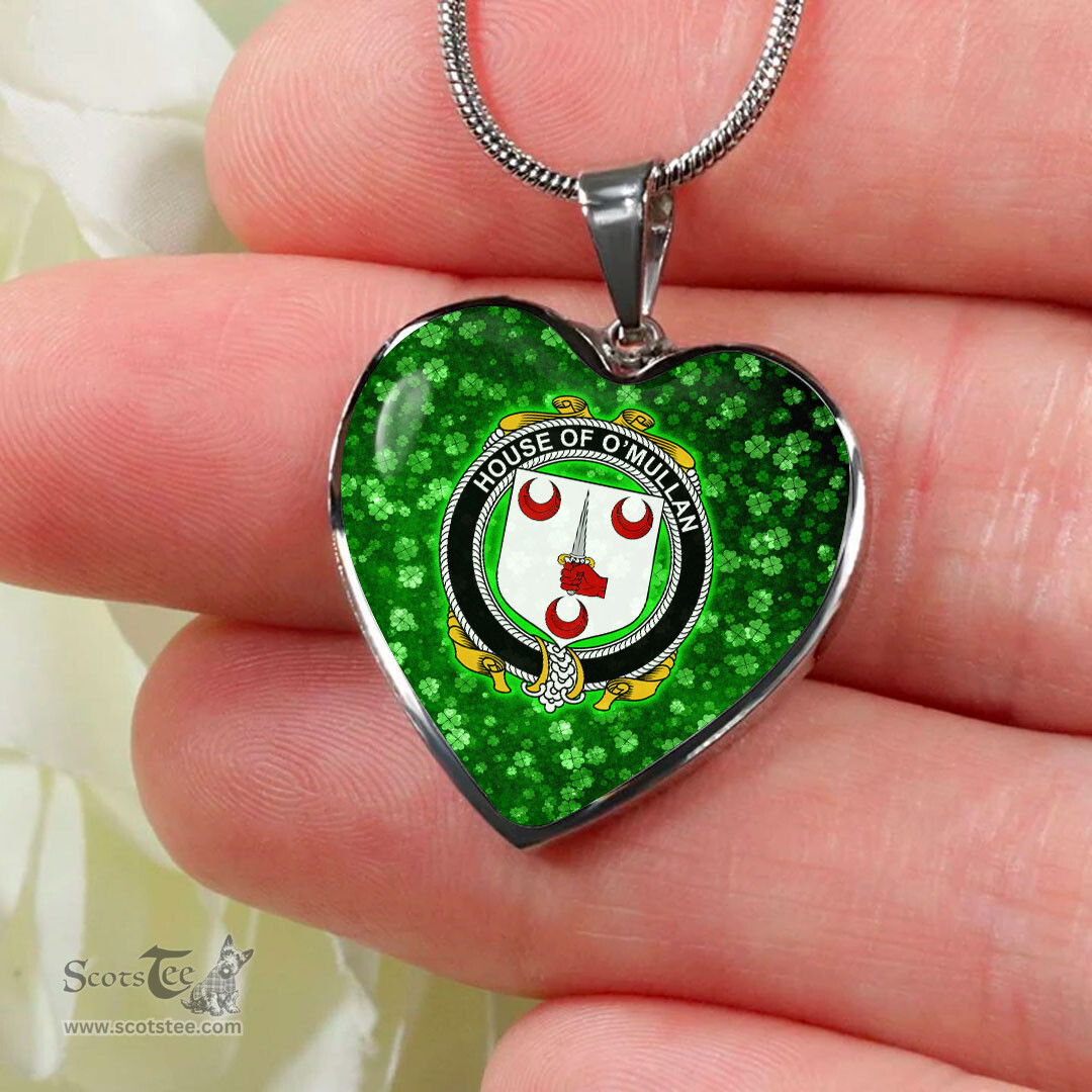 ScotsTee Shop Irish House of O MULLAN Coat of Arms Crest Ireland Shamrock Heart Necklace