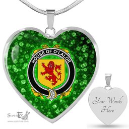 ScotsTee Shop Irish House of O LALOR Coat of Arms Crest Ireland Shamrock Heart Necklace