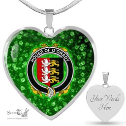 ScotsTee Shop Irish House of O GRADY Coat of Arms Crest Ireland Shamrock Heart Necklace