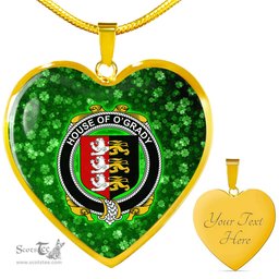 ScotsTee Shop Irish House of O GRADY Coat of Arms Crest Ireland Shamrock Heart Necklace