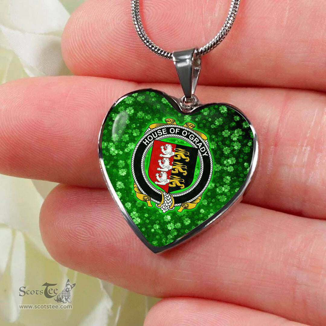 ScotsTee Shop Irish House of O GRADY Coat of Arms Crest Ireland Shamrock Heart Necklace