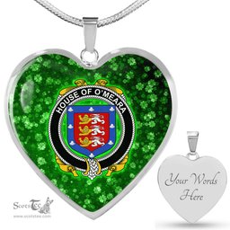 ScotsTee Shop Irish House of O MEARA Coat of Arms Crest Ireland Shamrock Heart Necklace