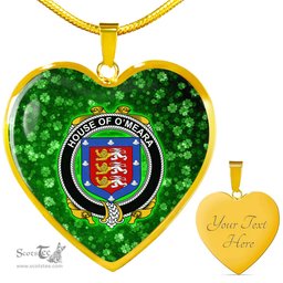 ScotsTee Shop Irish House of O MEARA Coat of Arms Crest Ireland Shamrock Heart Necklace