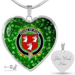 ScotsTee Shop Irish House of RYAN O Mulrian Coat of Arms Crest Ireland Shamrock Heart Necklace