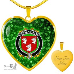 ScotsTee Shop Irish House of RYAN O Mulrian Coat of Arms Crest Ireland Shamrock Heart Necklace