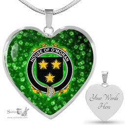 ScotsTee Shop Irish House of O MORAN Coat of Arms Crest Ireland Shamrock Heart Necklace