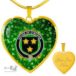 ScotsTee Shop Irish House of O MORAN Coat of Arms Crest Ireland Shamrock Heart Necklace
