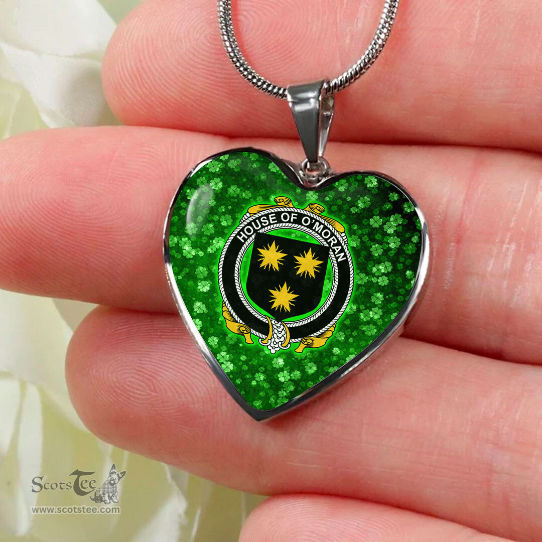 ScotsTee Shop Irish House of O MORAN Coat of Arms Crest Ireland Shamrock Heart Necklace