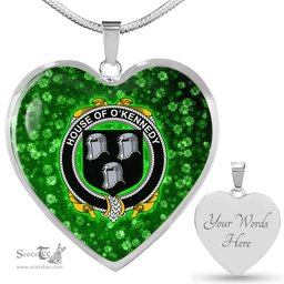 ScotsTee Shop Irish House of O KENNEDY Coat of Arms Crest Ireland Shamrock Heart Necklace
