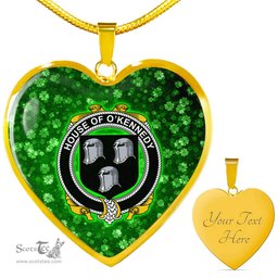 ScotsTee Shop Irish House of O KENNEDY Coat of Arms Crest Ireland Shamrock Heart Necklace