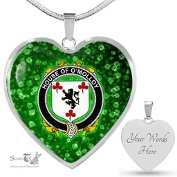 ScotsTee Shop Irish House of O MOLLOY Coat of Arms Crest Ireland Shamrock Heart Necklace