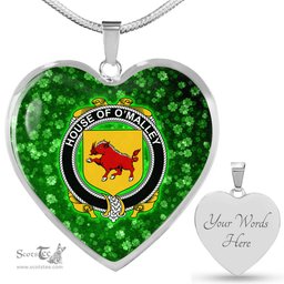 ScotsTee Shop Irish House of O MALLEY Coat of Arms Crest Ireland Shamrock Heart Necklace