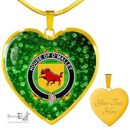 ScotsTee Shop Irish House of O MALLEY Coat of Arms Crest Ireland Shamrock Heart Necklace