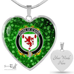ScotsTee Shop Irish House of O SHIEL Coat of Arms Crest Ireland Shamrock Heart Necklace