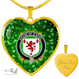ScotsTee Shop Irish House of O SHIEL Coat of Arms Crest Ireland Shamrock Heart Necklace