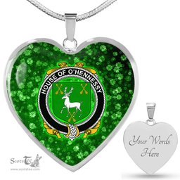 ScotsTee Shop Irish House of O HENNESSY Coat of Arms Crest Ireland Shamrock Heart Necklace