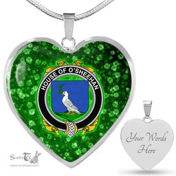 ScotsTee Shop Irish House of O SHEEHAN Coat of Arms Crest Ireland Shamrock Heart Necklace