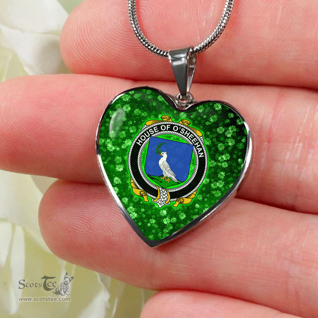 ScotsTee Shop Irish House of O SHEEHAN Coat of Arms Crest Ireland Shamrock Heart Necklace