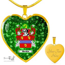 ScotsTee Shop Irish Mackin Coat of Arms Crest Ireland Shamrock Heart Necklace