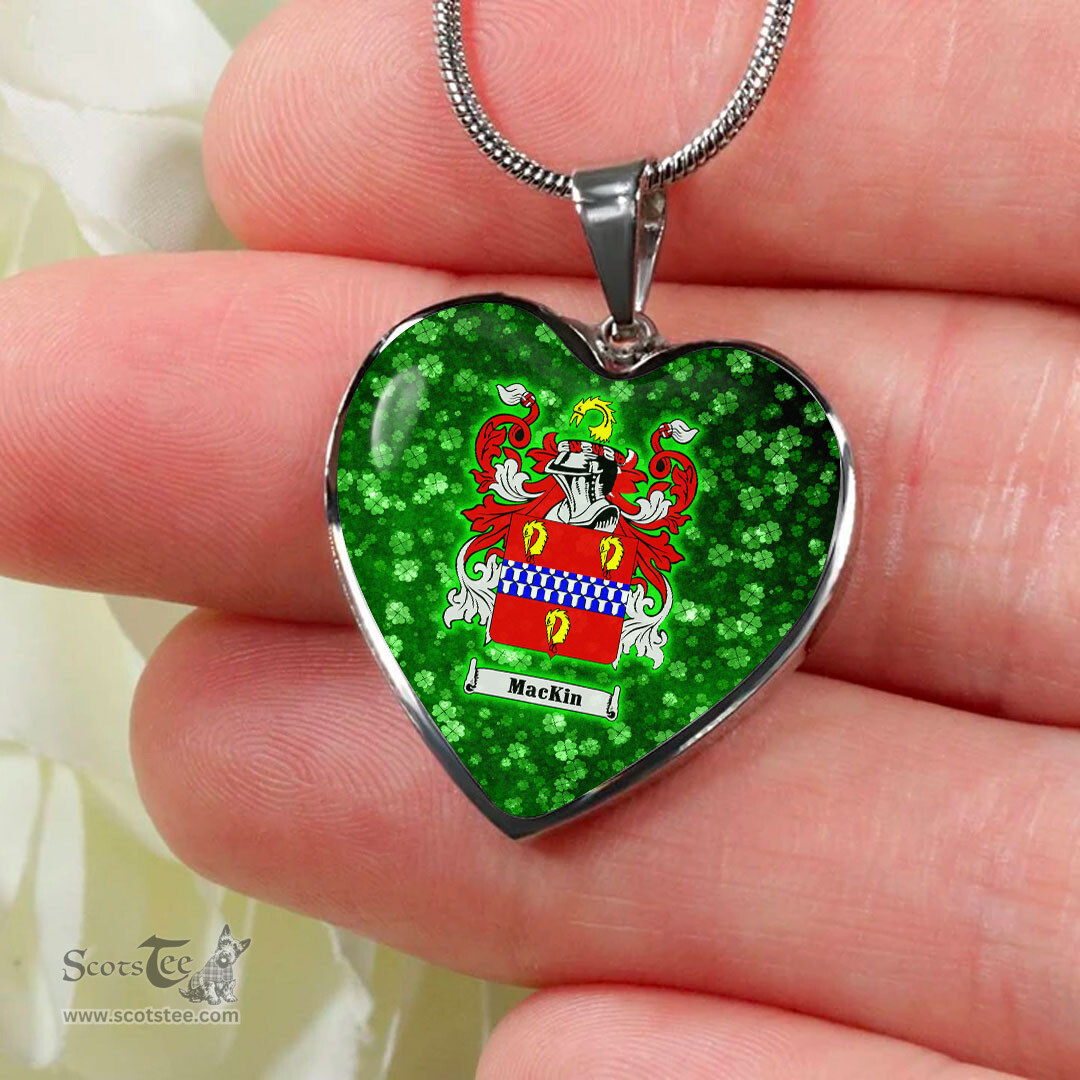 ScotsTee Shop Irish Mackin Coat of Arms Crest Ireland Shamrock Heart Necklace