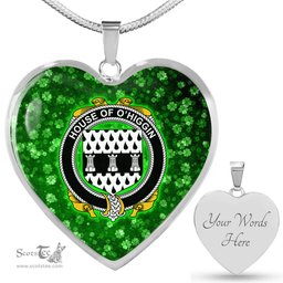 ScotsTee Shop Irish House of O HIGGIN Coat of Arms Crest Ireland Shamrock Heart Necklace