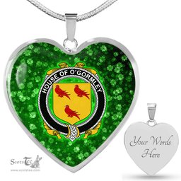 ScotsTee Shop Irish House of O GORMLEY Coat of Arms Crest Ireland Shamrock Heart Necklace