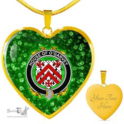 ScotsTee Shop Irish House of O GARVEY Coat of Arms Crest Ireland Shamrock Heart Necklace