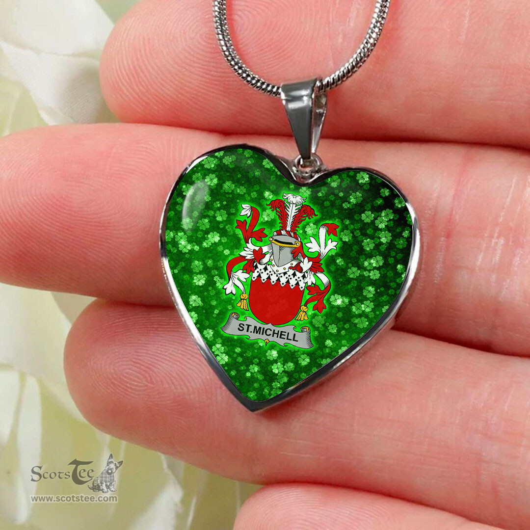 ScotsTee Shop Irish St.Michell Coat of Arms Crest Ireland Shamrock Heart Necklace
