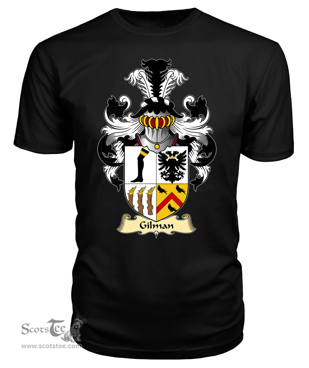 Gilman (Claims descent from Cilmin Troed-ddu) Coat Of Arms Family Crest Wales V23 T Shirt ScotsTee Shop